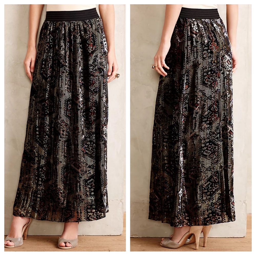 Anthropologie hd in paris rhiannon metallic velvet maxi long pull on skirt 8